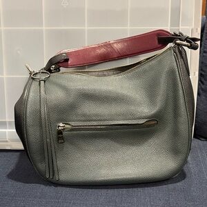 Coach Leather Hobo Shoulder Bag - Green with Burgundy and Black Strap